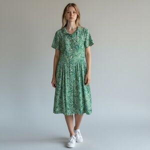 Vintage Shelton Stroller Green Pleated Midi Sundress with Peter Pan Collar